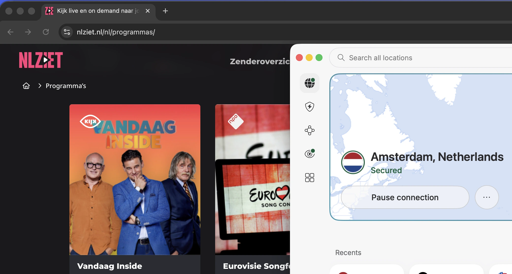 NordVPN verbonden met een Nederlandse server in Amsterdam